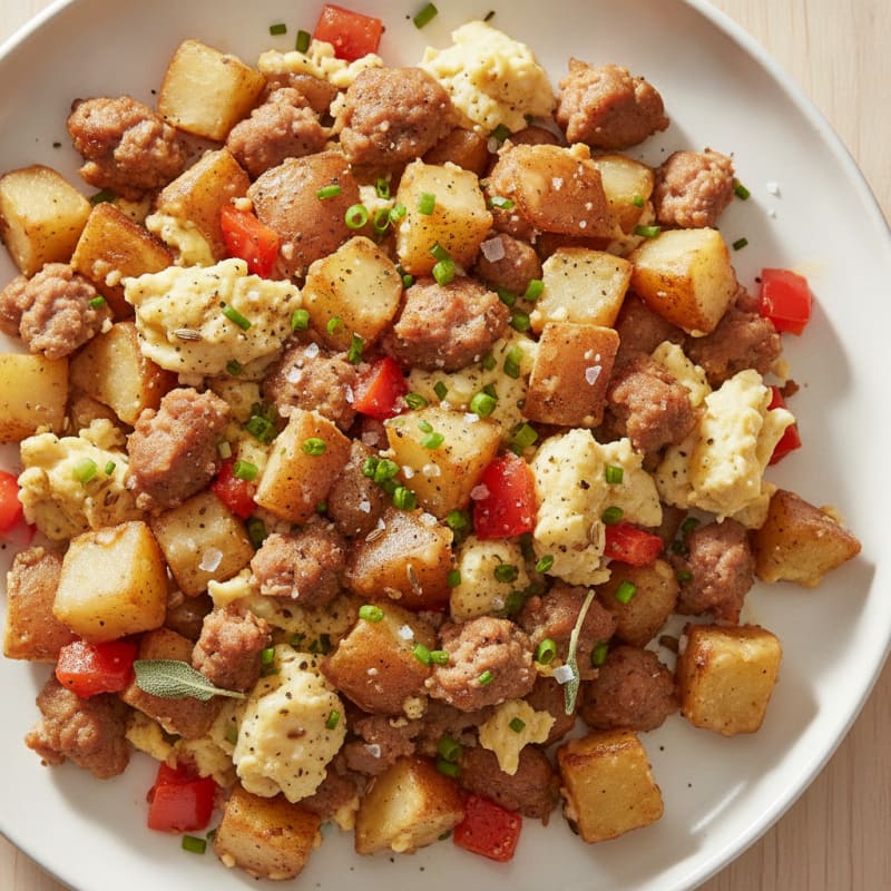 Sausage and Potato Breakfast Hash with Scrambled Eggs
