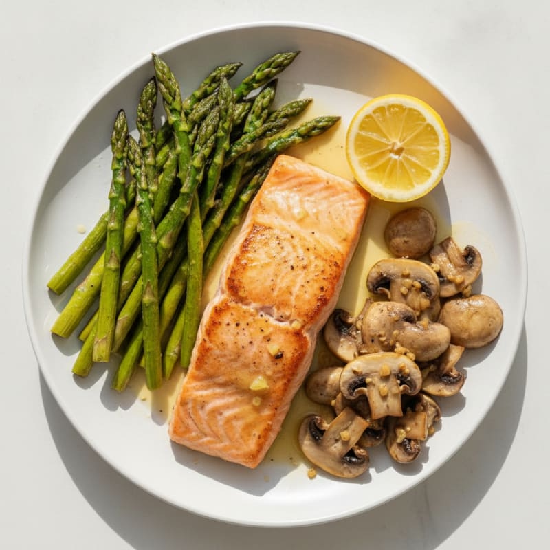Seared Salmon Fillet with Roasted Asparagus and Garlic Mushrooms
