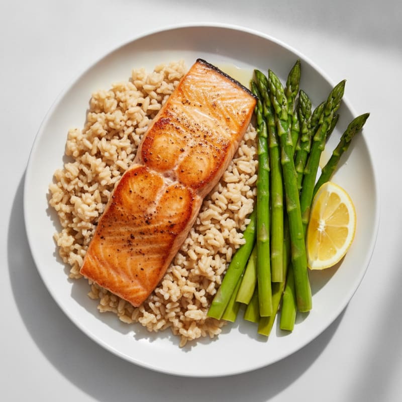 Seared Salmon with Steamed Asparagus and Brown Rice