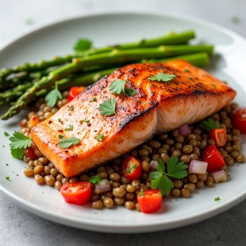 Seared Salmon Fillet with Lentil Salad and Steamed Asparagus