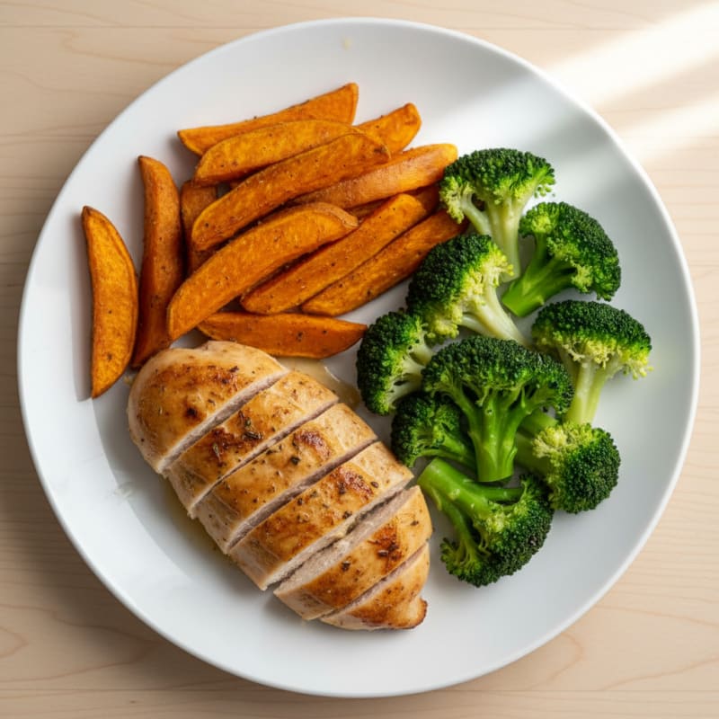 Crispy Roasted Sweet Potato Wedges with Herb Chicken