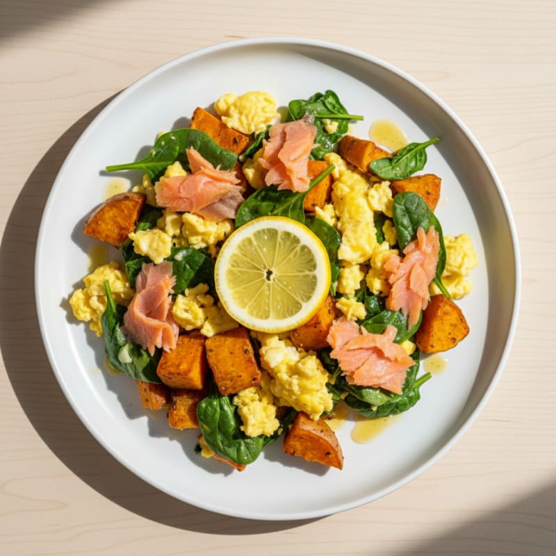 Smoked Salmon and Egg Scramble with Spinach and Sweet Potato