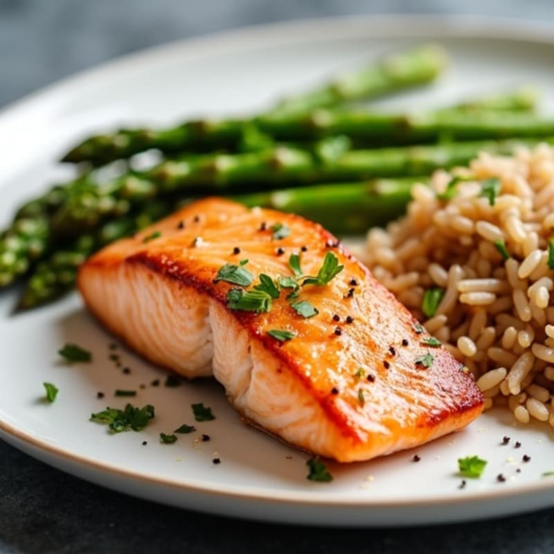 Seared Salmon with Roasted Asparagus and Wild Rice