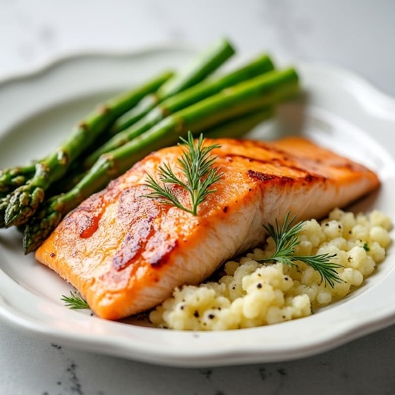 Seared Salmon with Roasted Asparagus and Cauliflower Mash