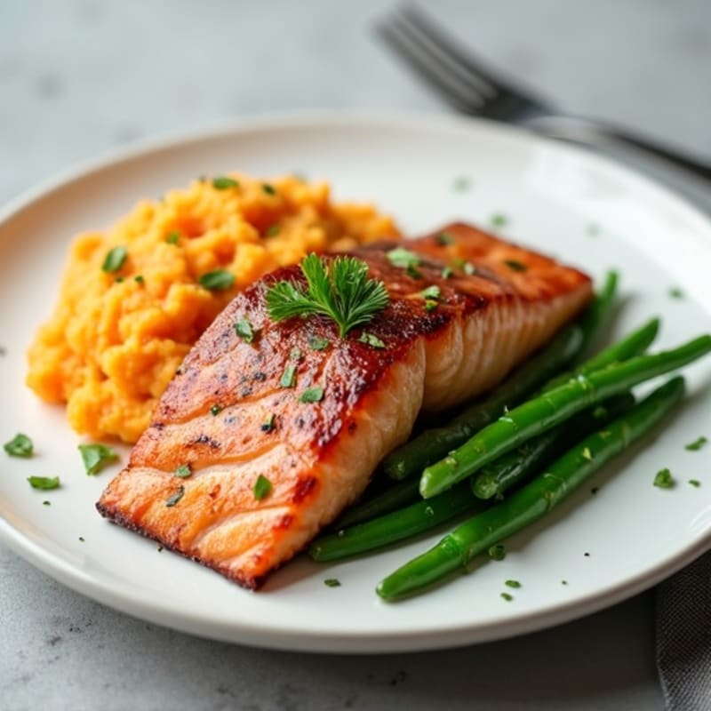 Seared Salmon with Steamed Green Beans and Mashed Sweet Potatoes