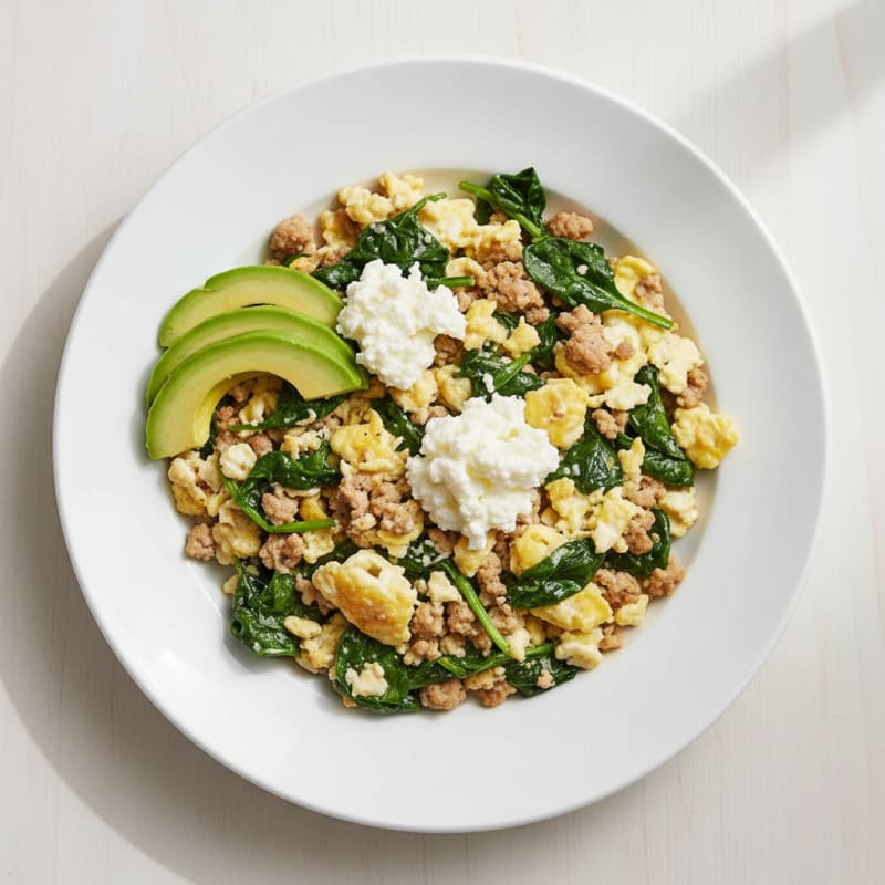Egg White and Turkey Spinach Scramble with Cottage Cheese