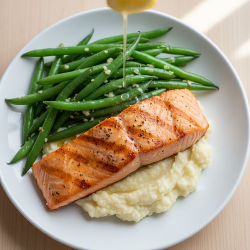 Seared Salmon with Garlic Green Beans and Cauliflower Mash
