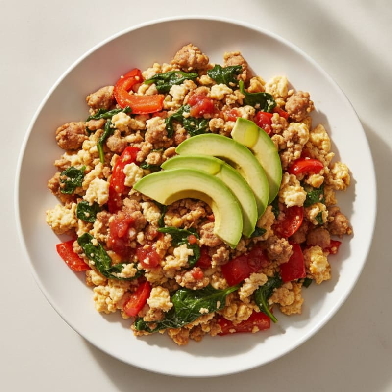Egg White and Turkey Sausage Scramble with Roasted Peppers and Spinach