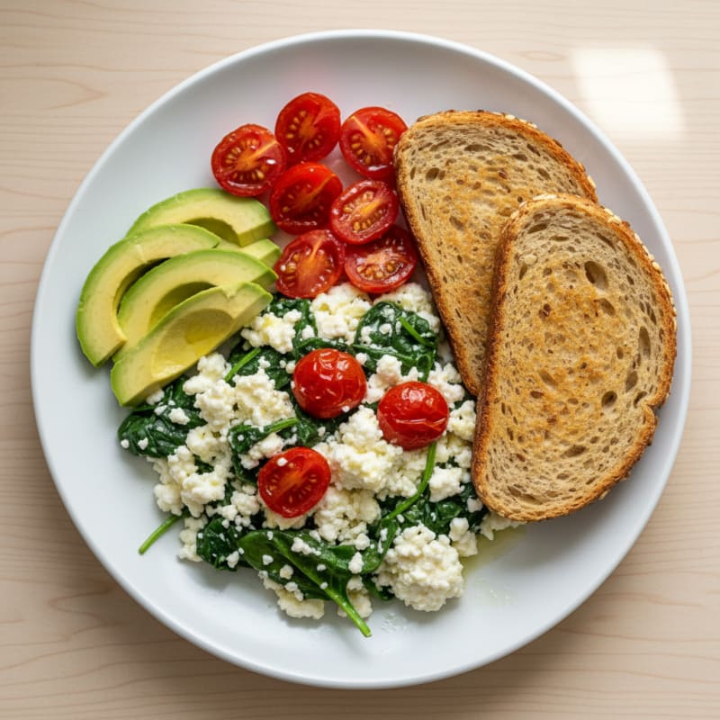 Egg White Spinach Scramble with Cottage Cheese and Cherry Tomatoes