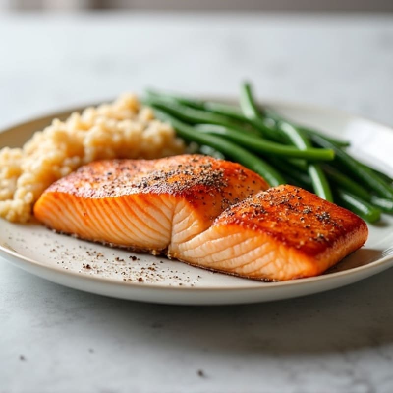 Seared Salmon Fillet with Steamed Green Beans and Brown Rice