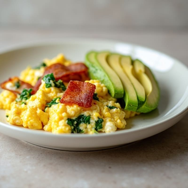 Cottage Cheese Egg Scramble with Spinach and Turkey Bacon