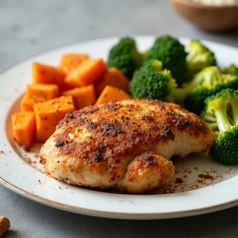 Crispy Baked Chicken Thighs with Cinnamon Roasted Sweet Potatoes and Broccoli