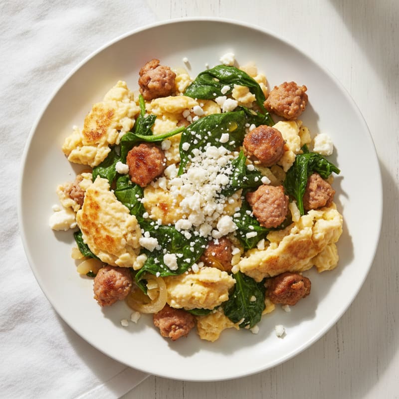 Egg White Scramble with Turkey Sausage and Sautéed Spinach