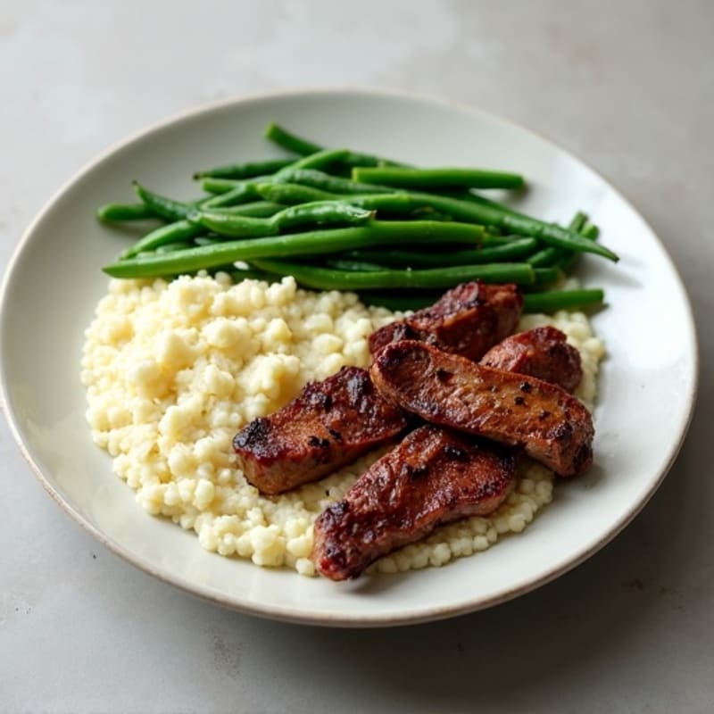 Seared Lean Beef Strips with Steamed Green Beans and Cauliflower Mash