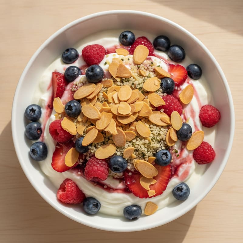 Greek Yogurt Protein Parfait with Mixed Berries and Almonds