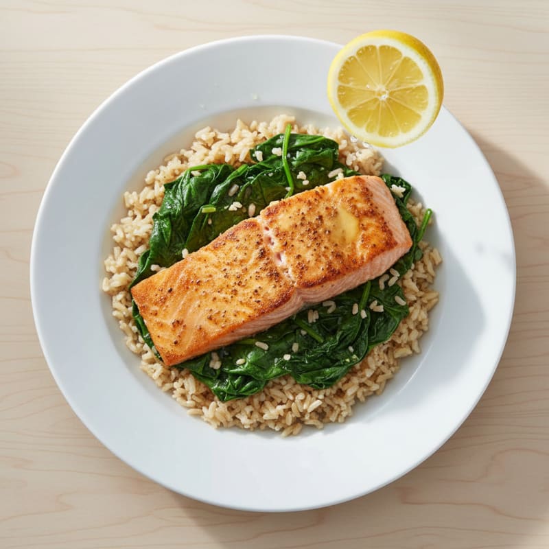 Seared Salmon with Garlic Spinach and Brown Rice