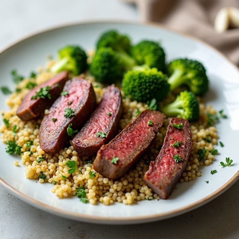 Seared Beef Strips with Steamed Broccoli and Herb Quinoa