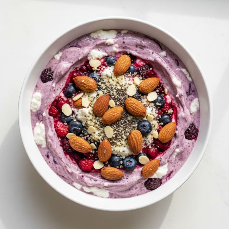 Cottage Cheese and Berry Protein Smoothie Bowl with Almonds