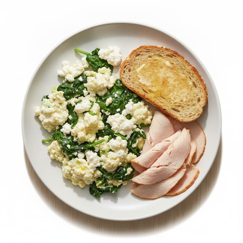 Egg White Spinach Scramble with Cottage Cheese and Sliced Turkey