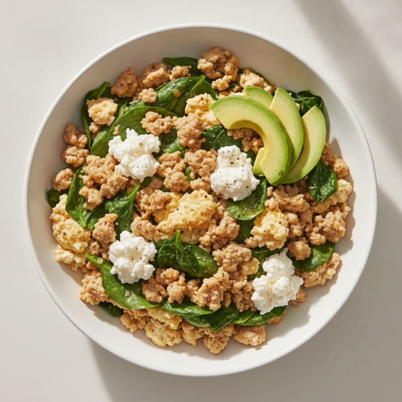 Egg White and Turkey Spinach Scramble with Cottage Cheese