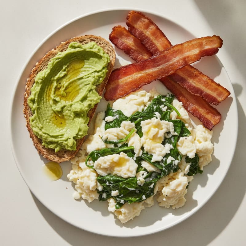 Crispy Turkey Bacon and Egg White Scramble with Sautéed Spinach