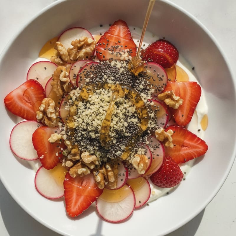 Skyr and Fresh Fruit Bowl with Crunchy Radish and Chia Seeds