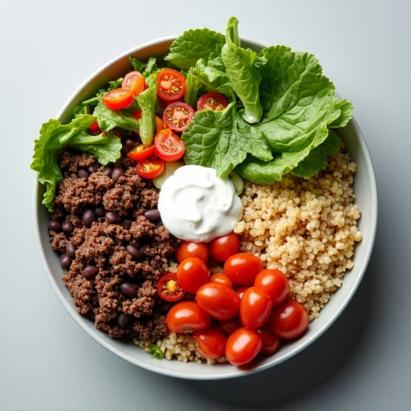 Lean Ground Beef Power Bowl with Creamy Tangy Dressing and Fresh Crispy Greens
