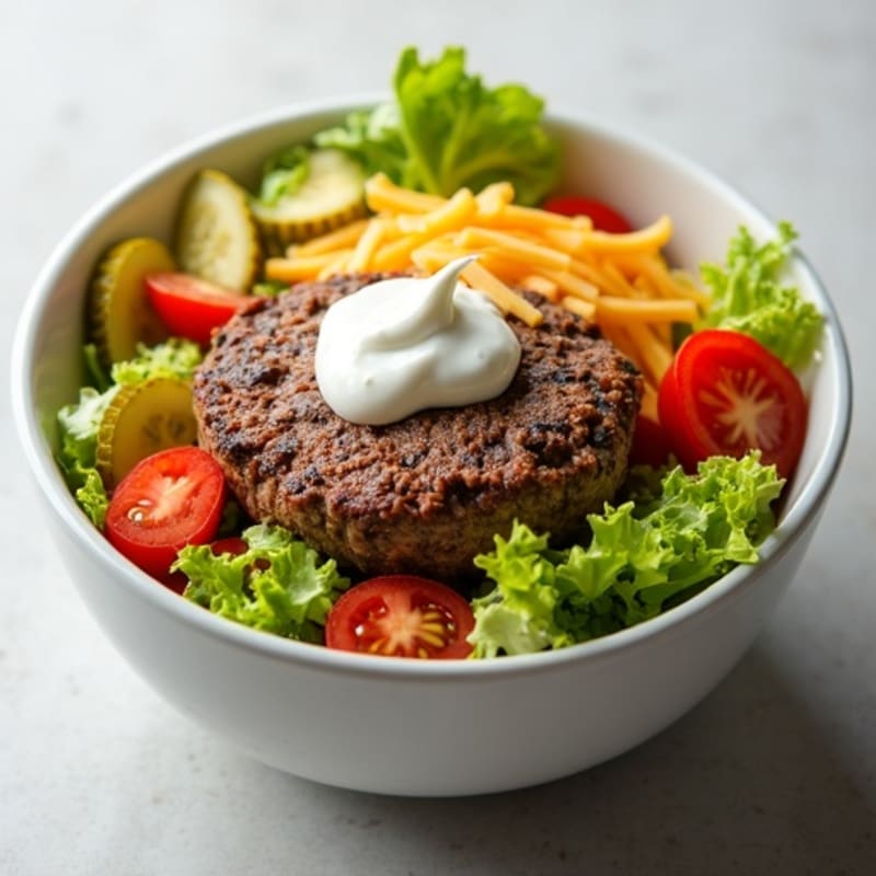Lean Ground Beef Cheeseburger Bowl with Creamy Special Dressing