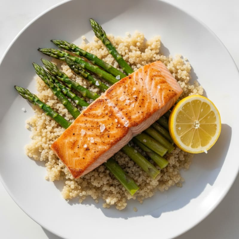 Pan-Seared Salmon with Steamed Asparagus and Quinoa