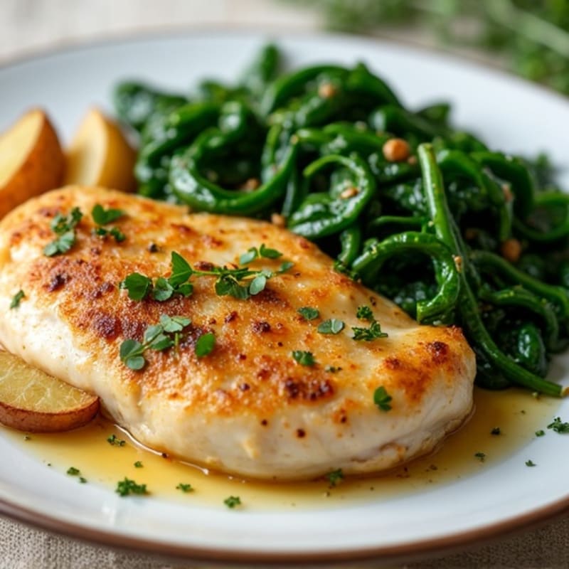Garlic Herb Baked Chicken with Crispy Roasted Potatoes and Sautéed Spinach