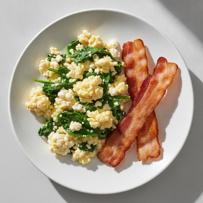Cottage Cheese Egg Scramble with Spinach and Turkey Bacon