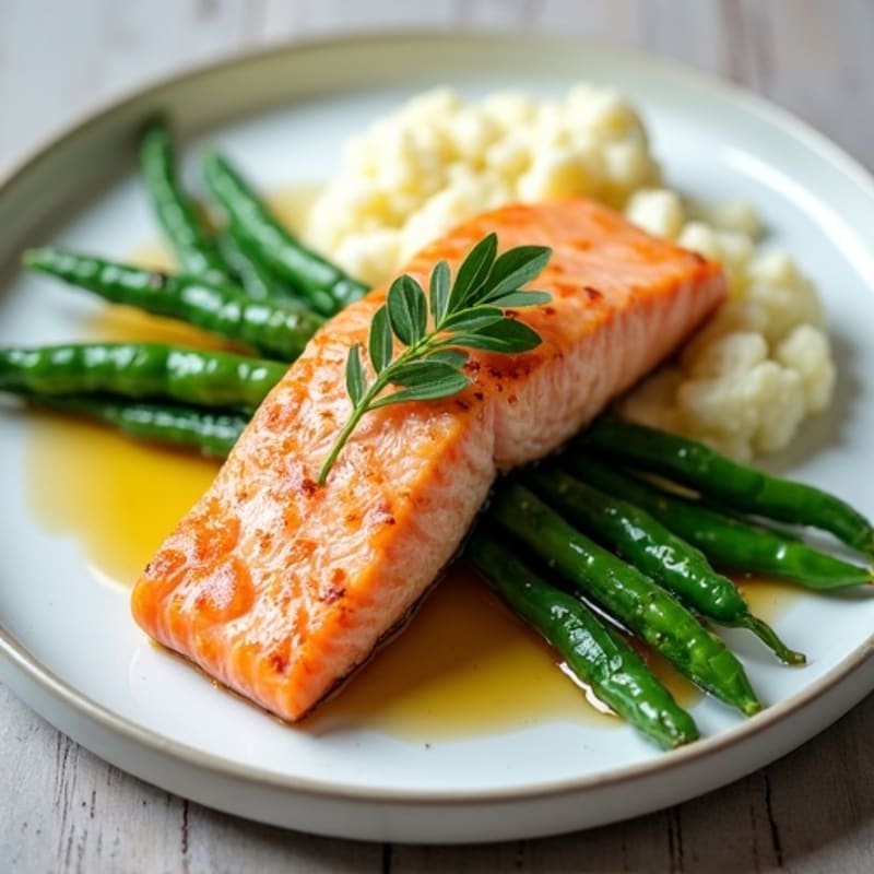Seared Salmon with Steamed Green Beans and Garlic Mashed Cauliflower