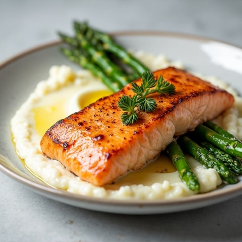 Seared Salmon with Steamed Asparagus and Cauliflower Mash