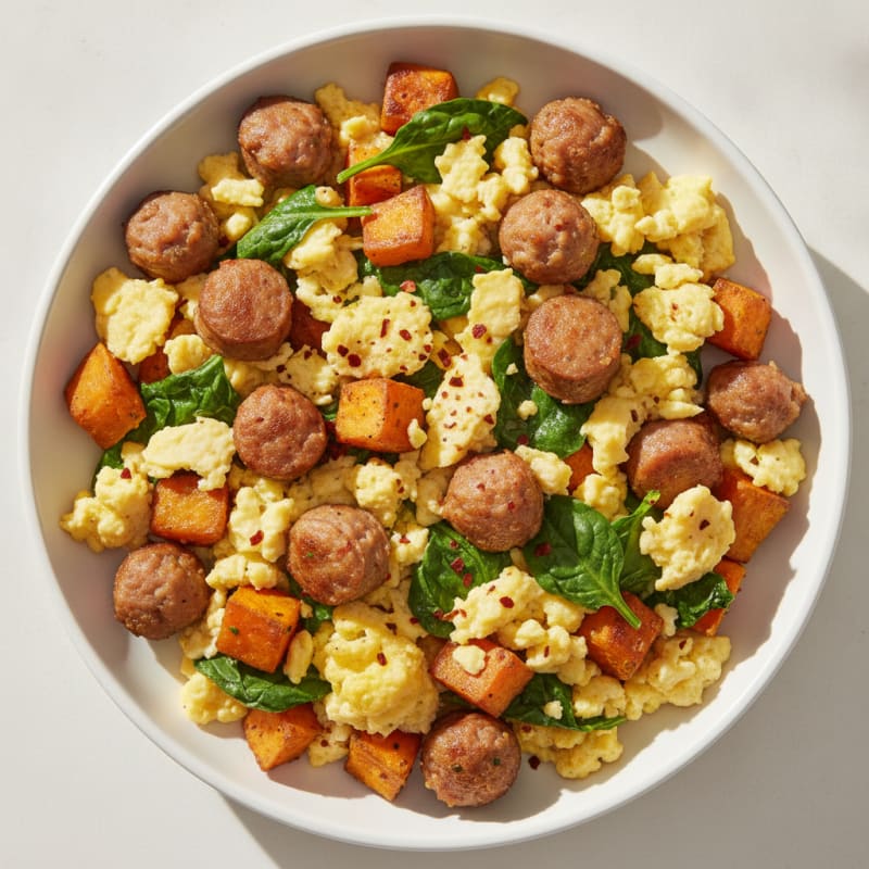 Scrambled Egg and Turkey Sausage Skillet with Baby Spinach and Sweet Potato