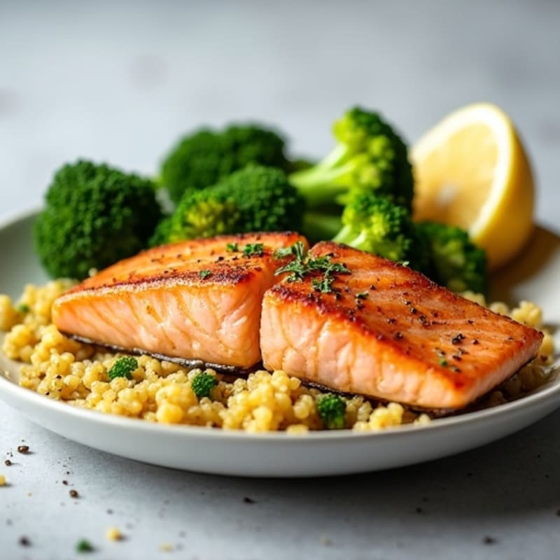 Seared Salmon with Steamed Broccoli and Lemon Quinoa