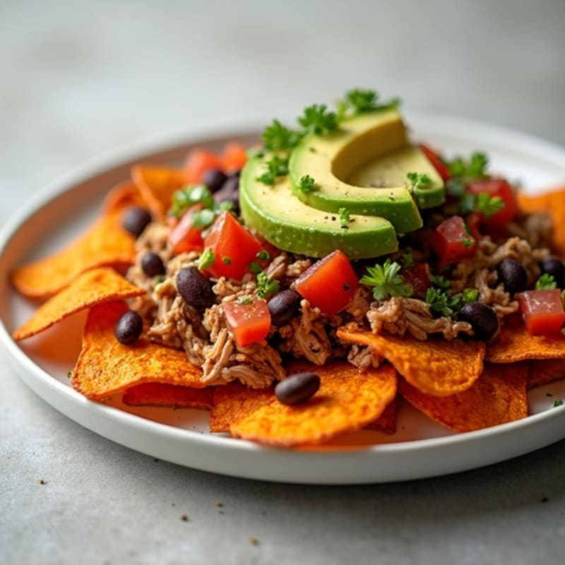 Crispy Sweet Potato Pulled Pork Nachos