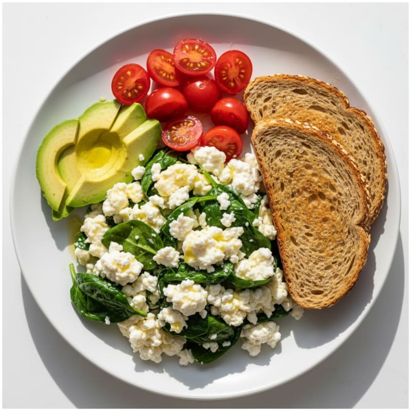Egg White Spinach Scramble with Cottage Cheese and Fresh Tomatoes