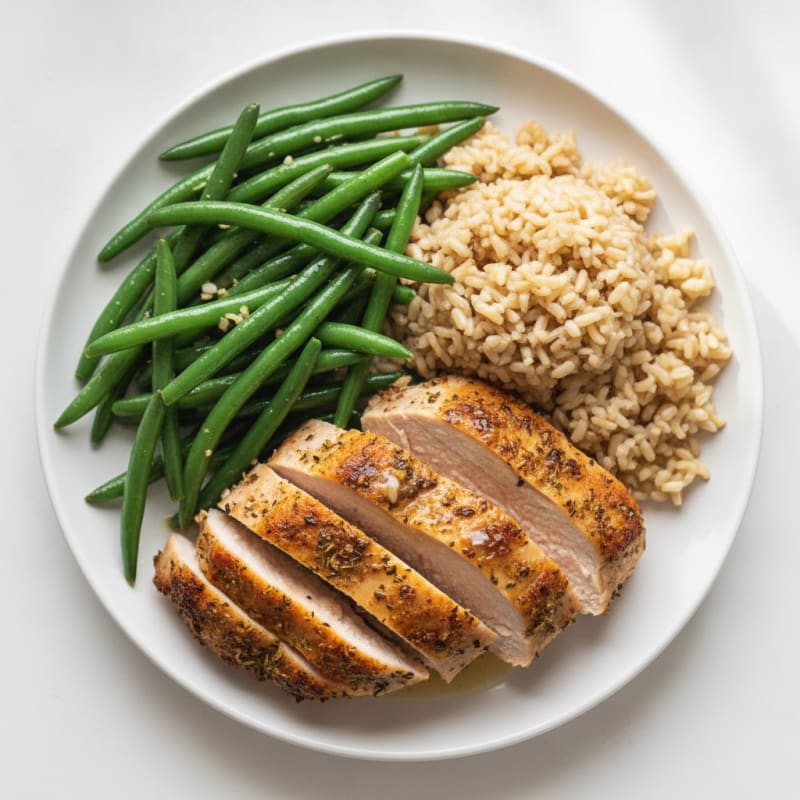 Seared Turkey Breast with Garlic Green Beans and Brown Rice