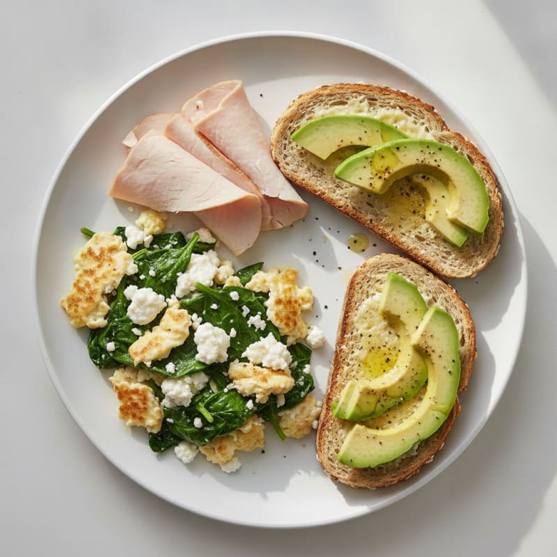 Egg White and Spinach Scramble with Cottage Cheese and Sliced Turkey