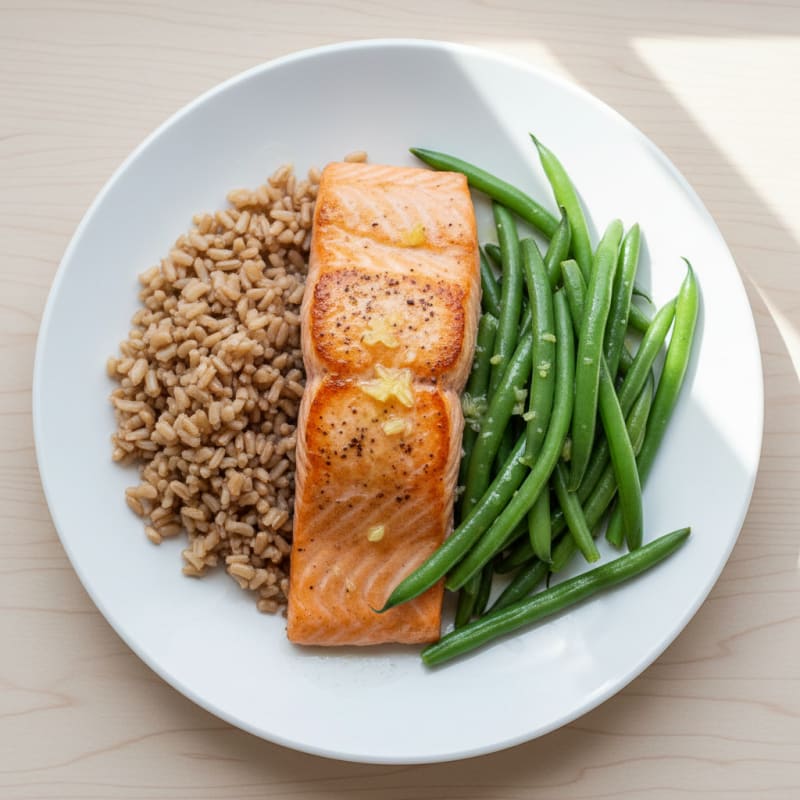 Seared Salmon with Steamed Green Beans and Brown Rice