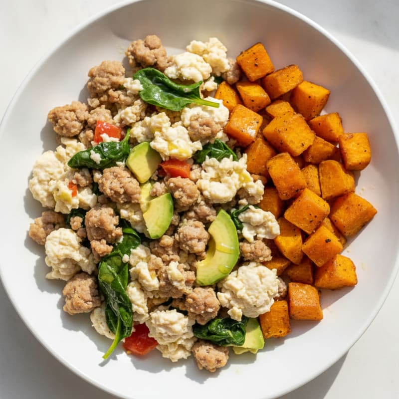 Egg White and Turkey Sausage Scramble with Roasted Sweet Potatoes