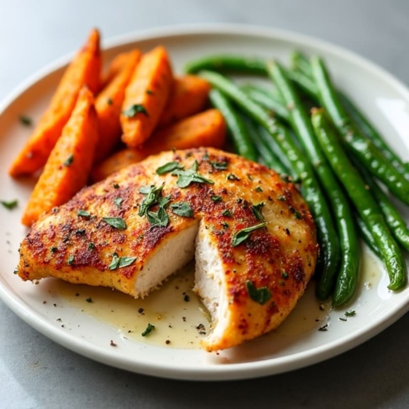 Crispy Baked Sweet Potato Fries with Sheet Pan Lemon-Herb Chicken and Green Beans