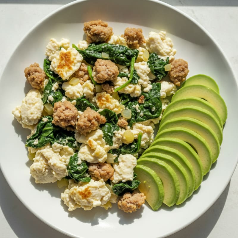 Egg White Scramble with Turkey Sausage and Sauteed Spinach