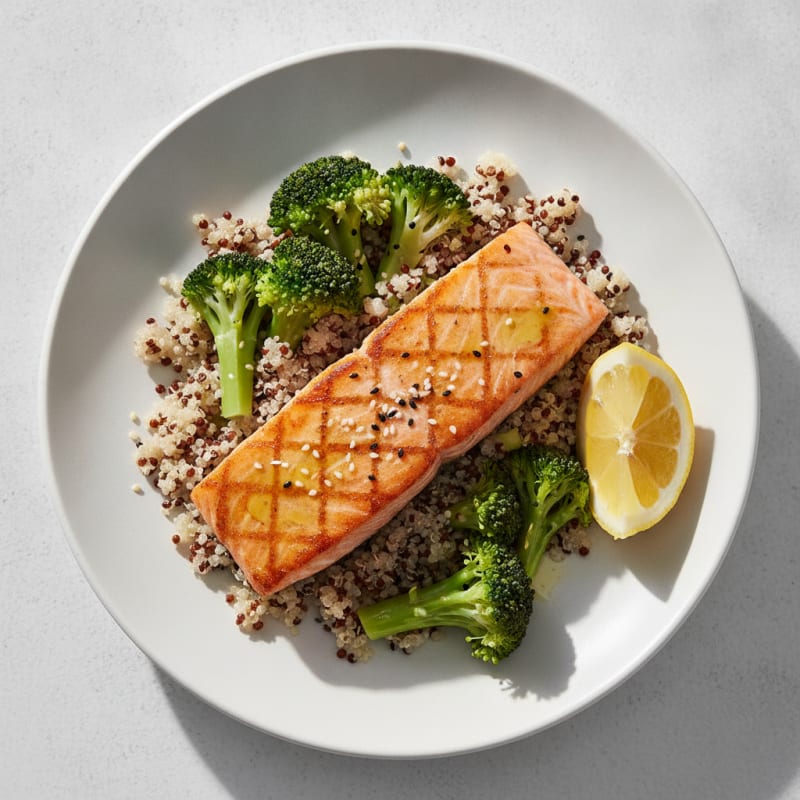 Seared Salmon Fillet with Steamed Broccoli and Quinoa