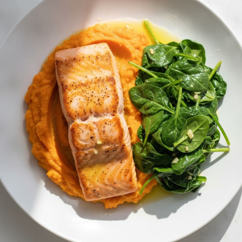 Seared Salmon with Garlic Spinach and Sweet Potato Mash
