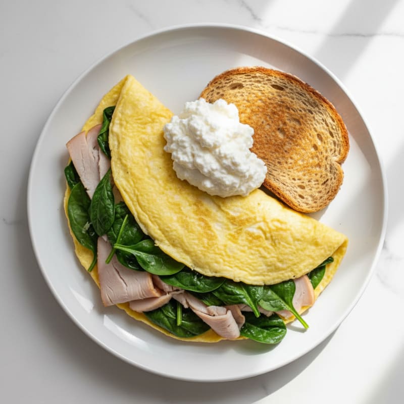 Egg White Spinach Omelet with Cottage Cheese and Sliced Turkey