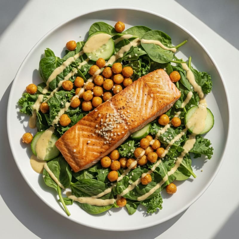 Seared Salmon Salad with Crunchy Chickpeas and Lemon-Tahini Dressing