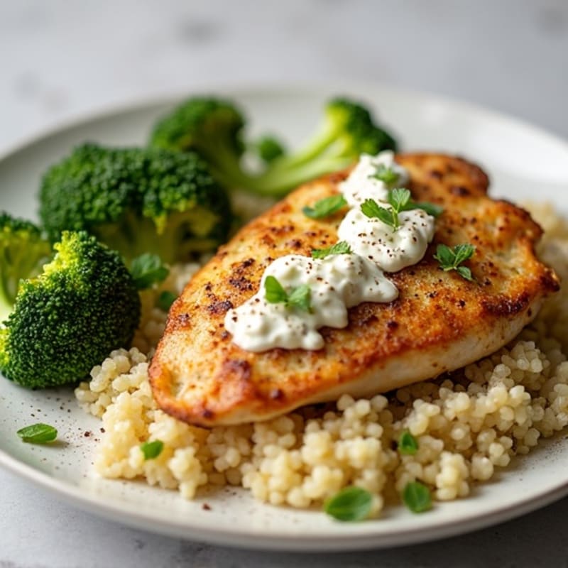 Roasted Chicken with Creamy Cottage Cheese Quinoa and Crispy Roasted Broccoli