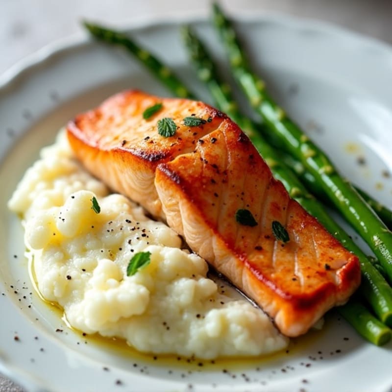 Seared Salmon with Steamed Asparagus and Cauliflower Mash