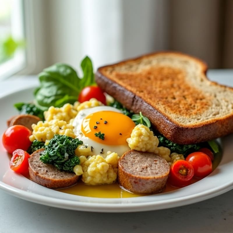 Egg White and Turkey Sausage Scramble with Spinach and Cherry Tomatoes